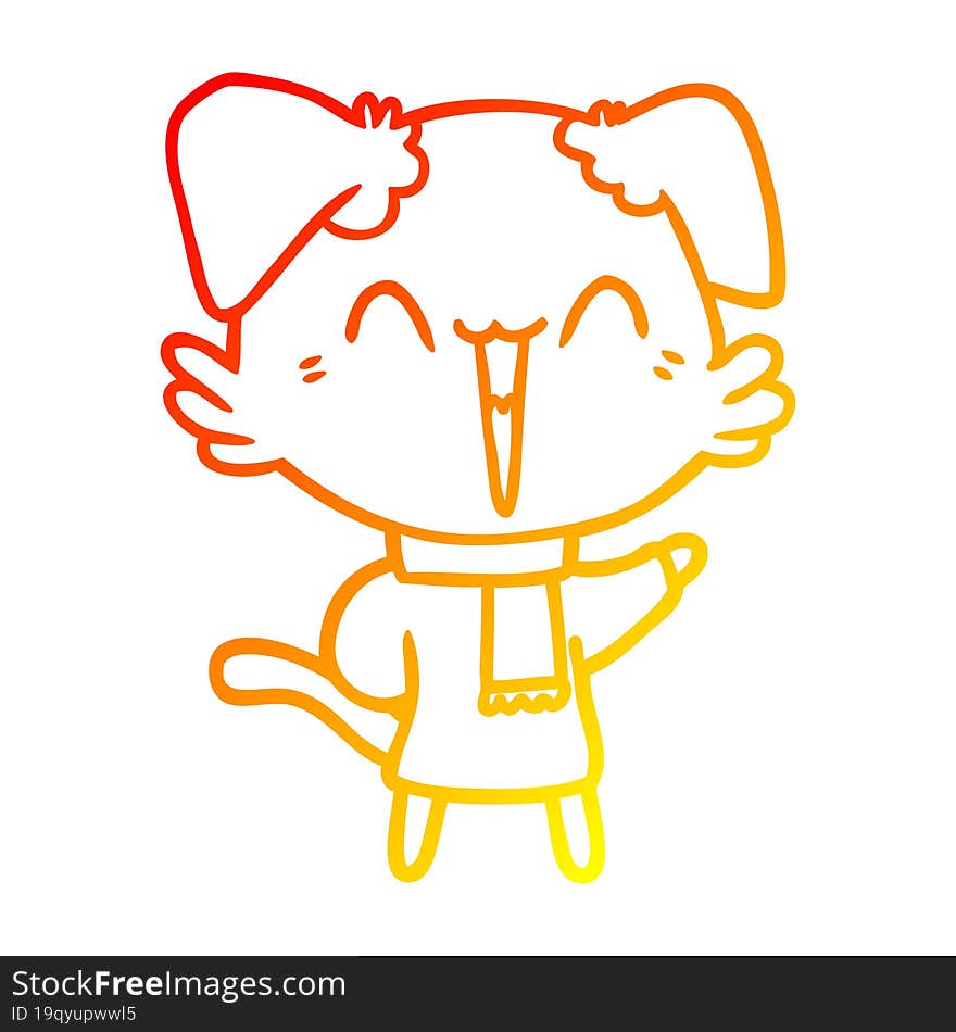 Warm Gradient Line Drawing Happy Little Cartoon Dog In Winter Clothes