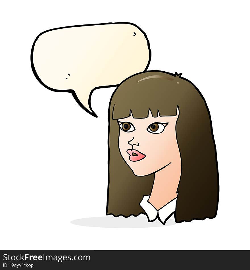 cartoon pretty girl with long hair with speech bubble