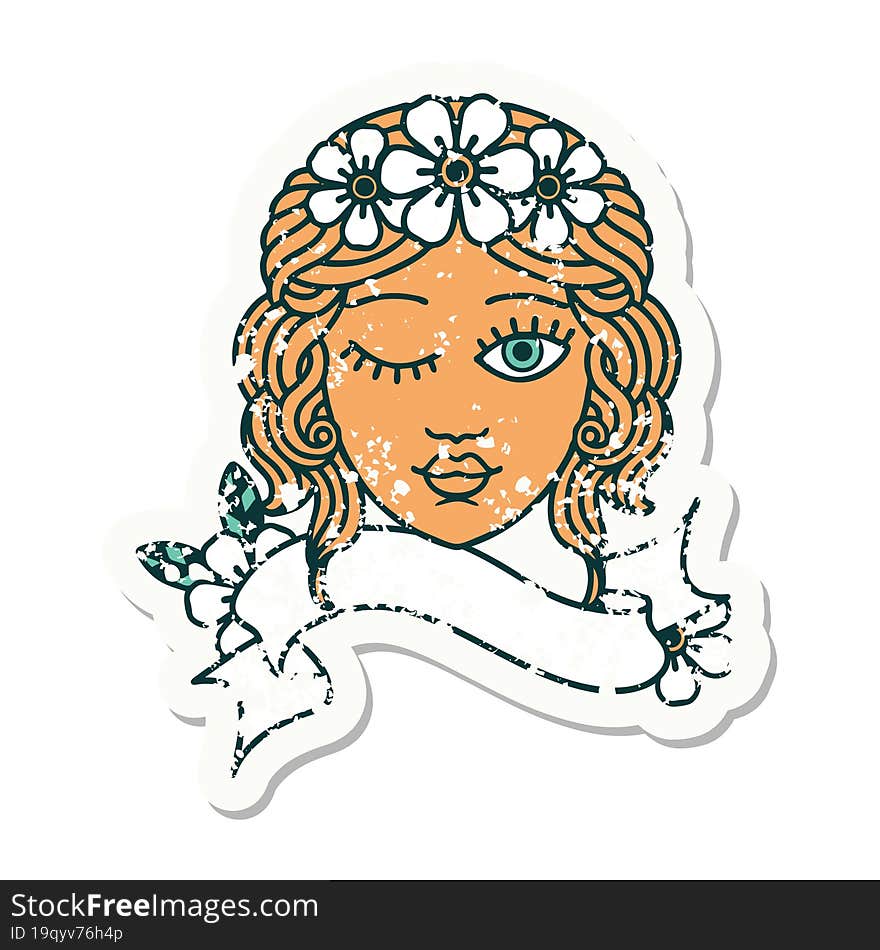 grunge sticker with banner of a maidens face winking