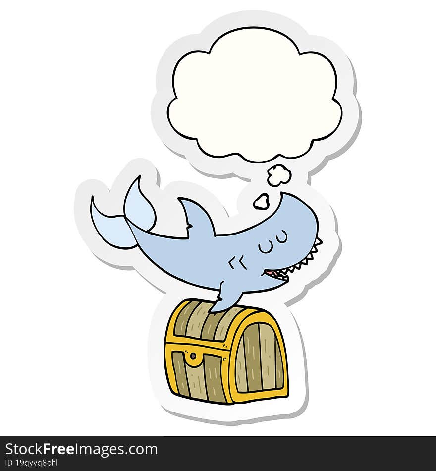 cartoon shark swimming over treasure chest and thought bubble as a printed sticker