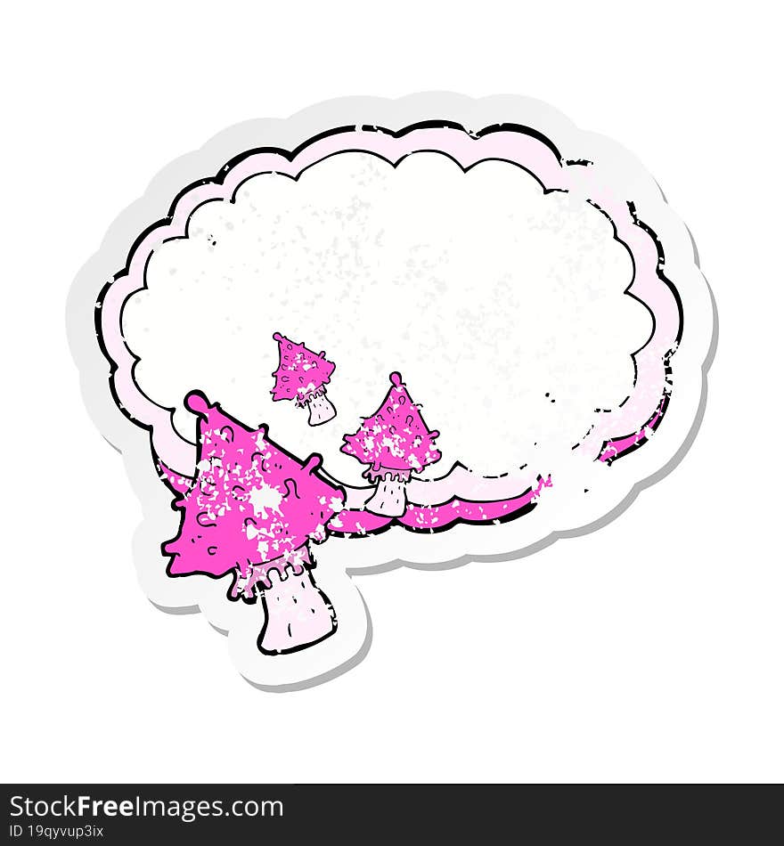 retro distressed sticker of a cartoon mushrooms space text cloud