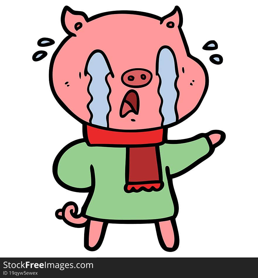 crying pig cartoon wearing human clothes. crying pig cartoon wearing human clothes