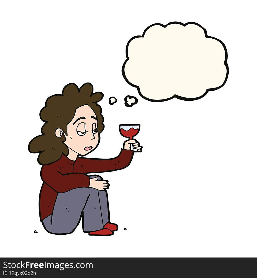 Cartoon Unhappy Woman With Glass Of Wine With Thought Bubble