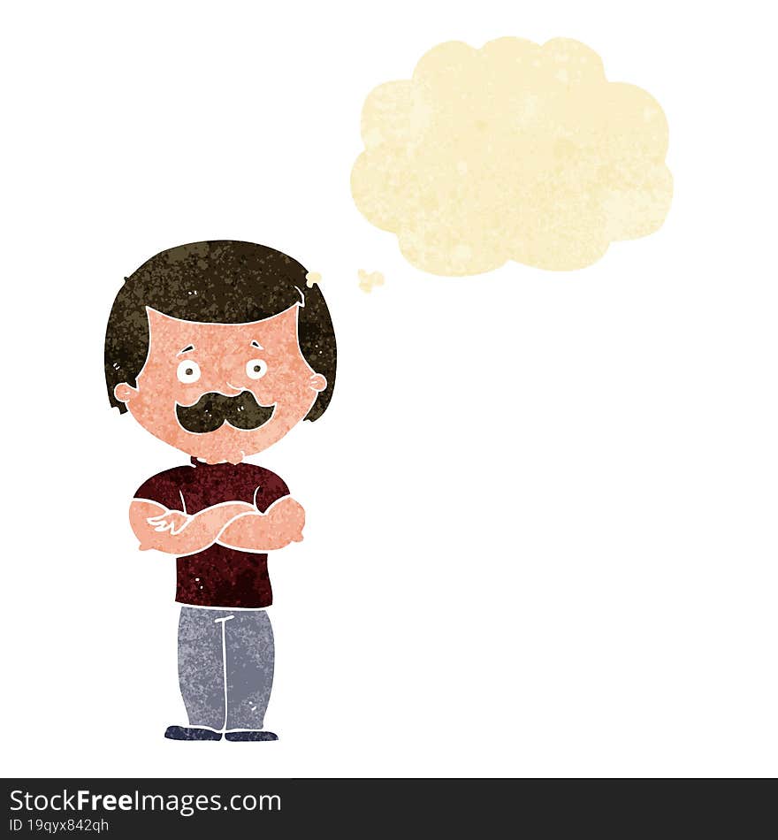 cartoon manly mustache man with thought bubble