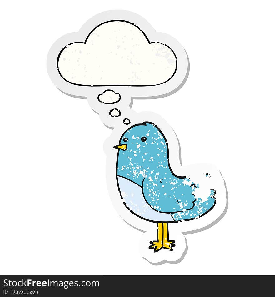 cartoon bird with thought bubble as a distressed worn sticker