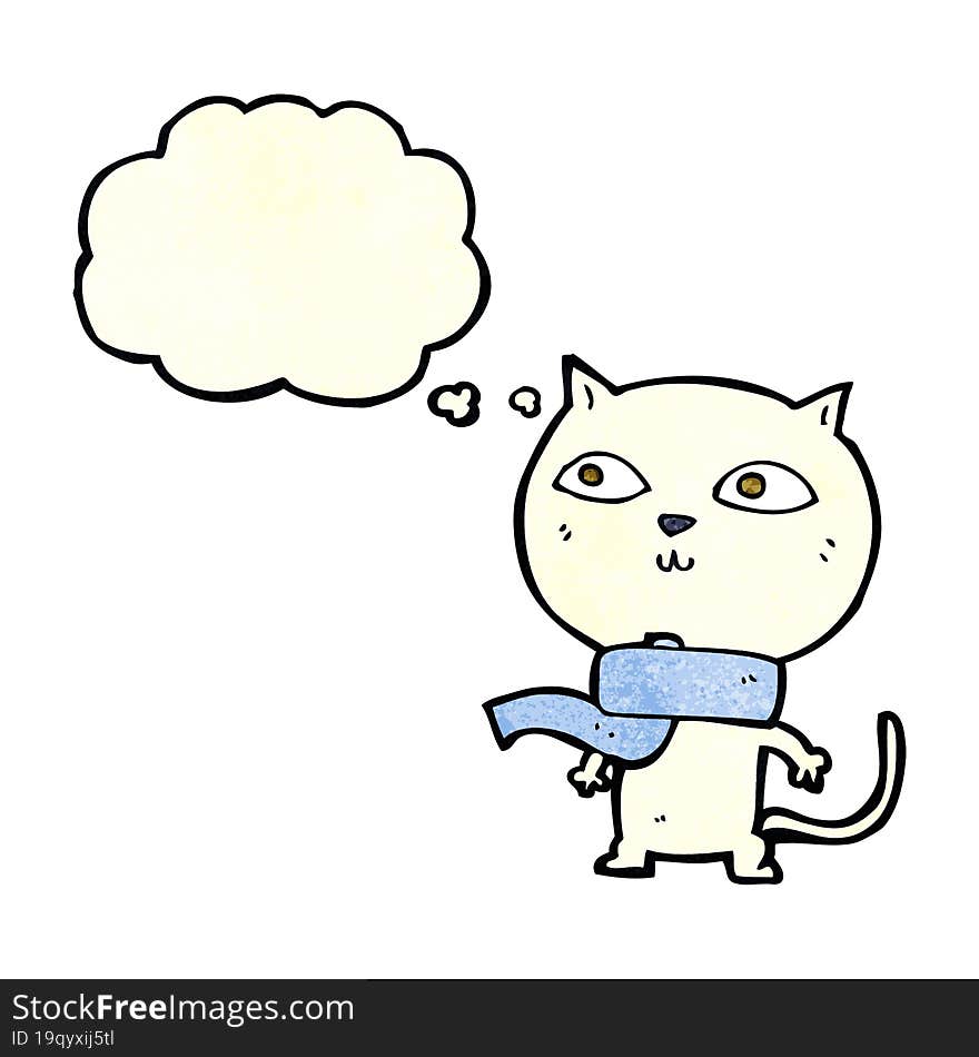 cartoon funny cat wearing scarf with thought bubble