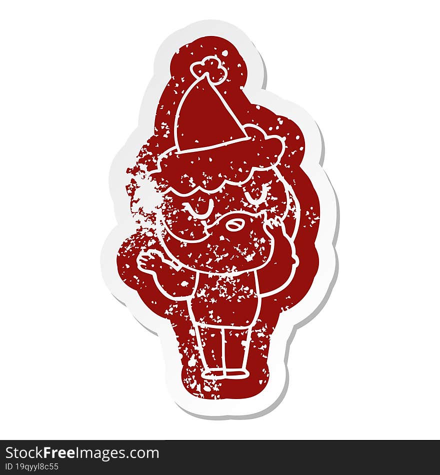 Cartoon Distressed Sticker Of A Man With Beard Wearing Santa Hat