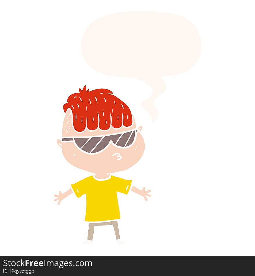 cartoon boy wearing sunglasses and speech bubble in retro style