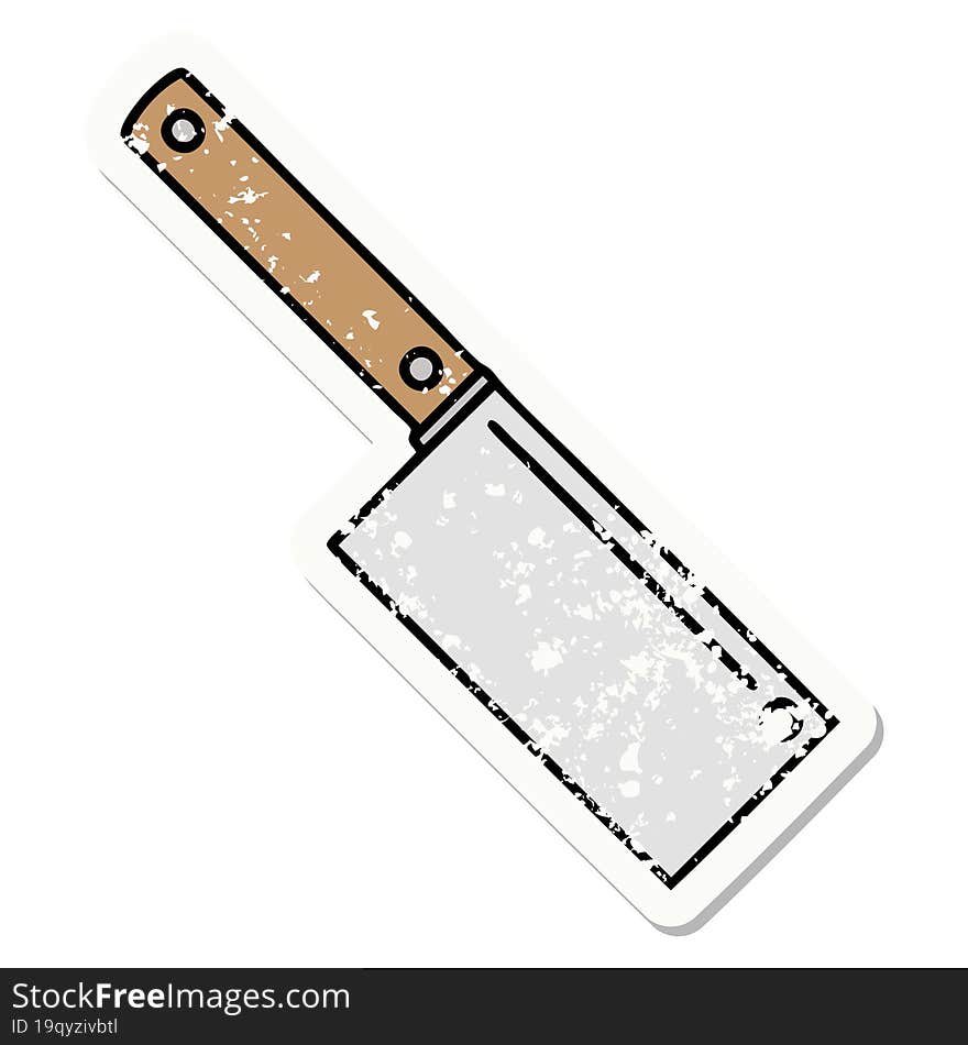 Traditional Distressed Sticker Tattoo Of A Meat Cleaver