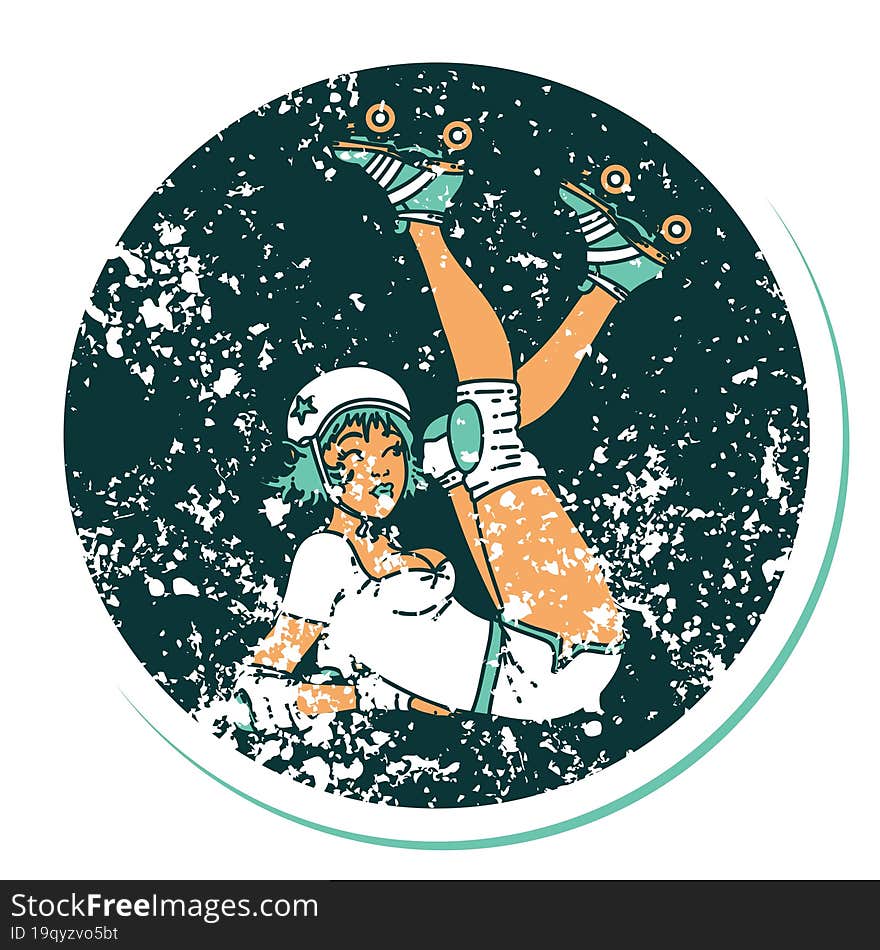 distressed sticker tattoo style icon of a pinup roller derby girl