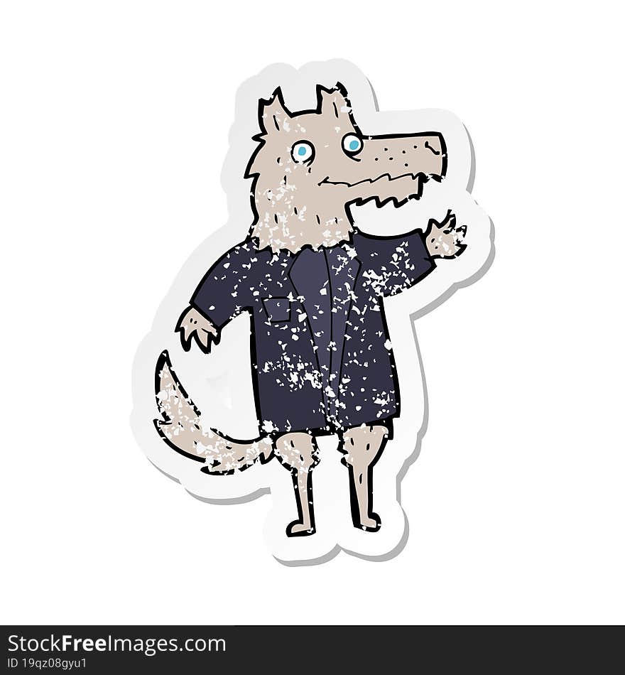 Retro Distressed Sticker Of A Cartoon Wolf Businessman