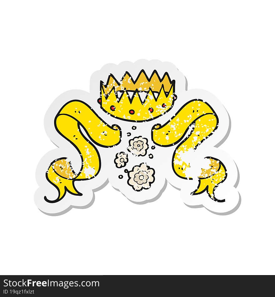 retro distressed sticker of a cartoon crown and scroll