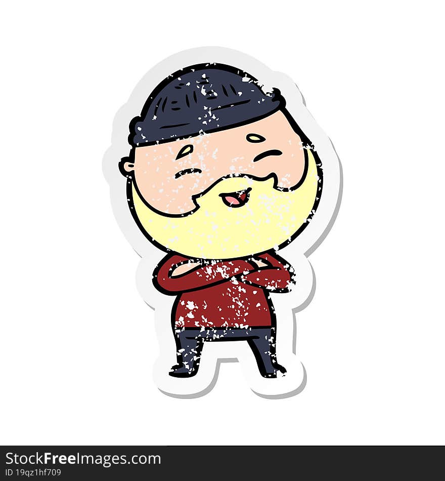 distressed sticker of a cartoon happy bearded man