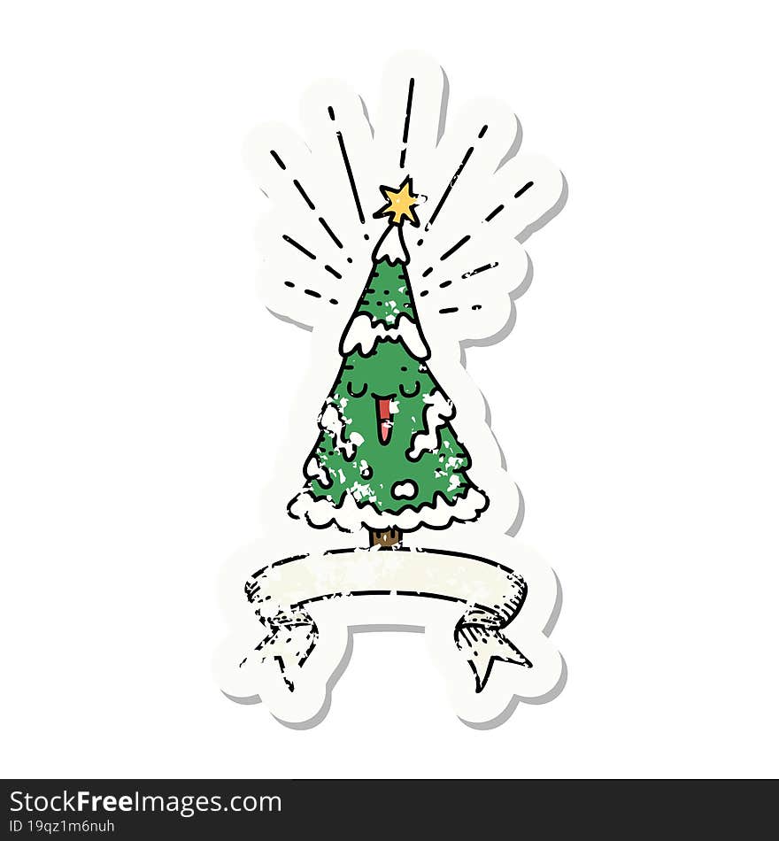 grunge sticker of tattoo style happy christmas tree