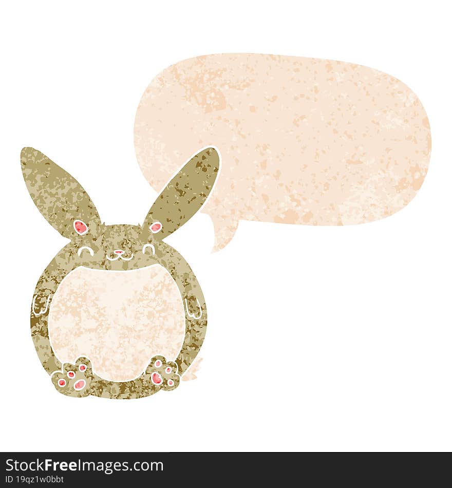 cartoon rabbit with speech bubble in grunge distressed retro textured style. cartoon rabbit with speech bubble in grunge distressed retro textured style