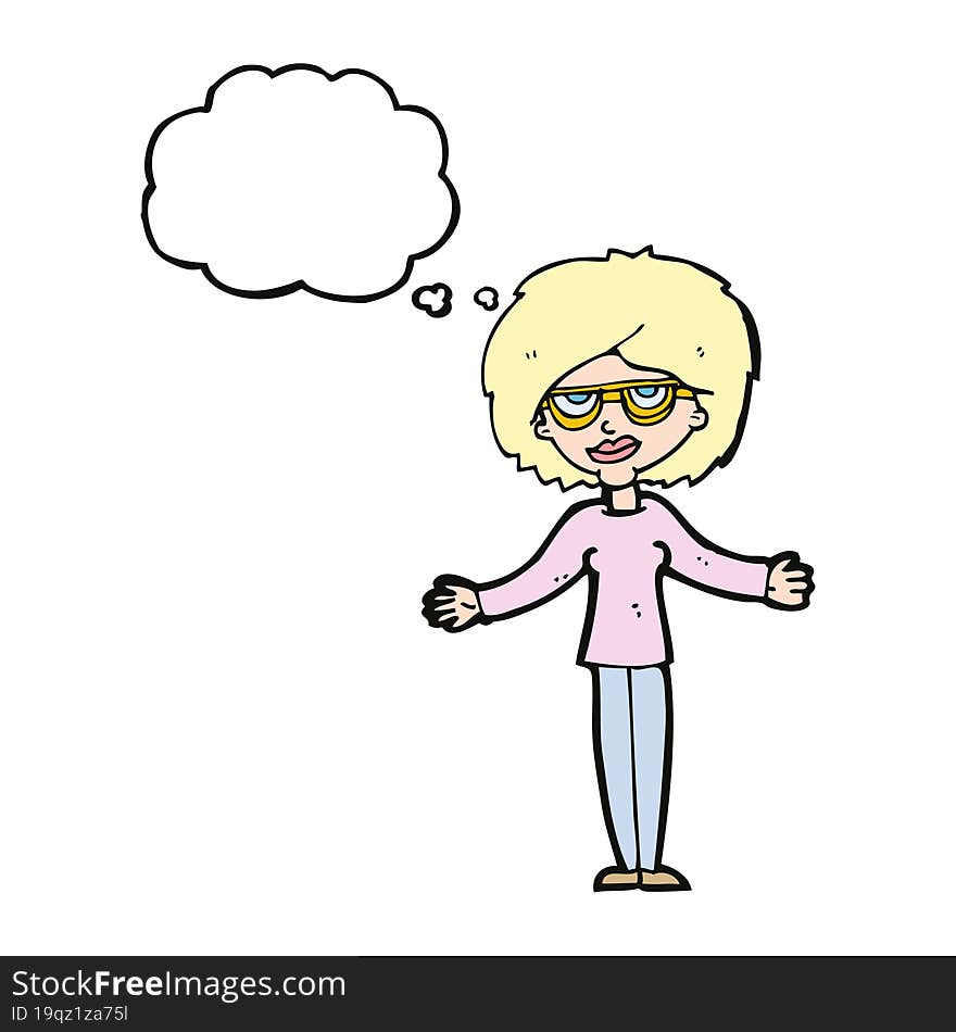 cartoon woman wearing spectacles with thought bubble