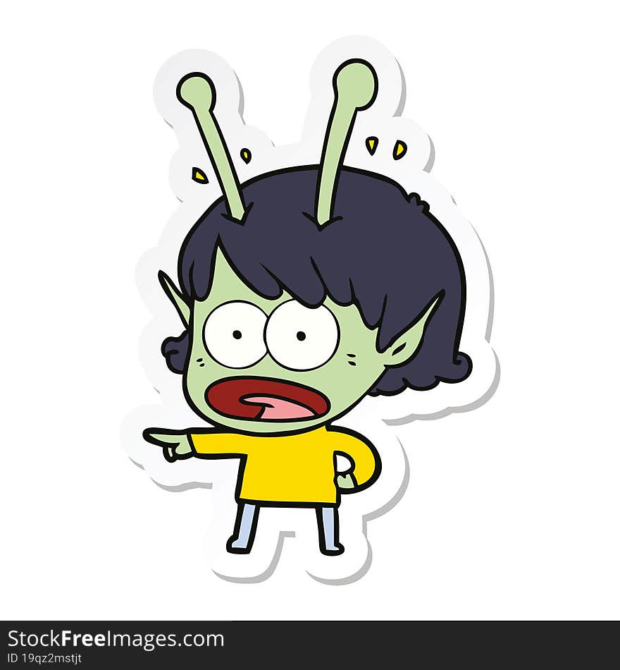 sticker of a cartoon shocked alien girl