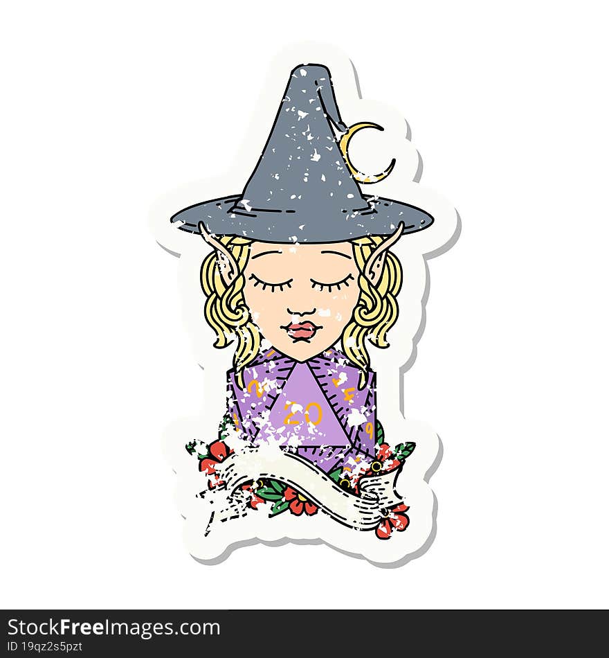 Elf Mage Character With Natural Twenty Dice Roll Grunge Sticker