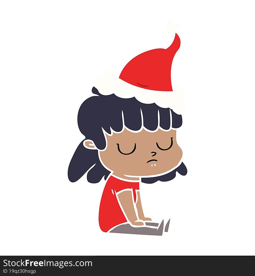 flat color illustration of a indifferent woman wearing santa hat