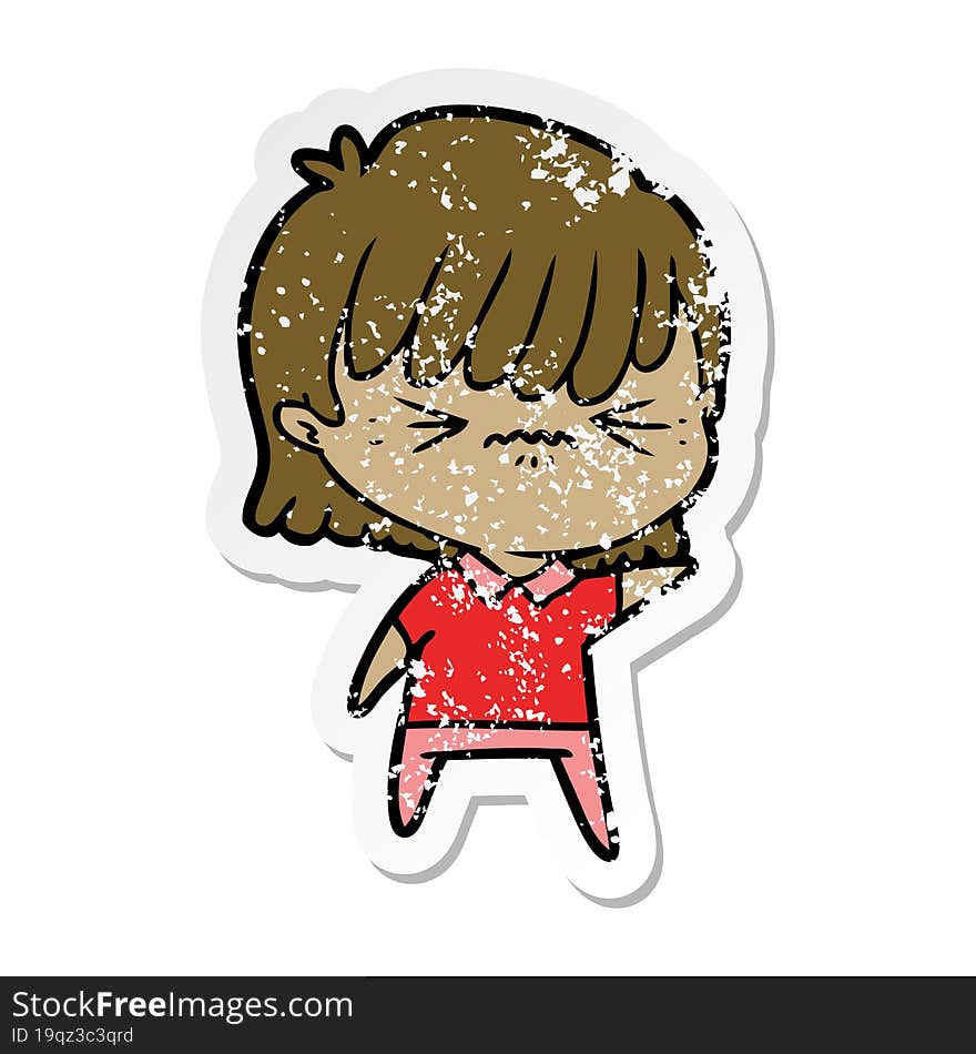 Distressed Sticker Of A Annoyed Cartoon Girl