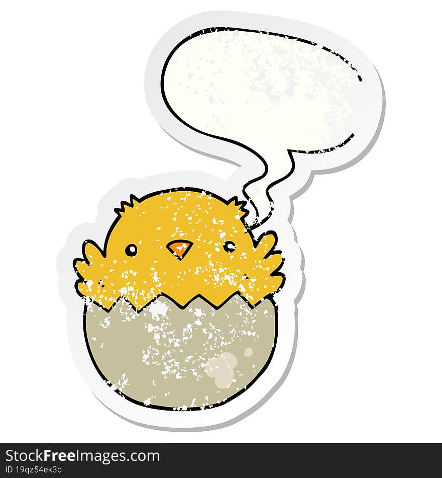 cartoon chick hatching from egg and speech bubble distressed sticker