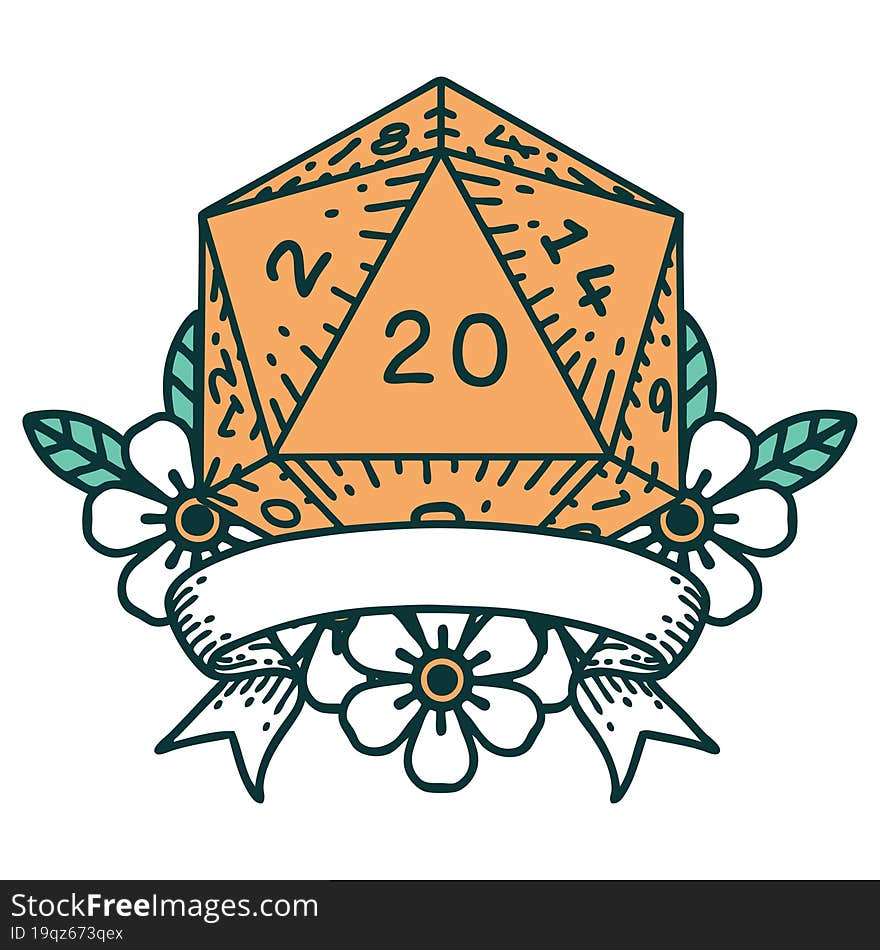 Retro Tattoo Style natural 20 critical hit D20 dice roll. Retro Tattoo Style natural 20 critical hit D20 dice roll