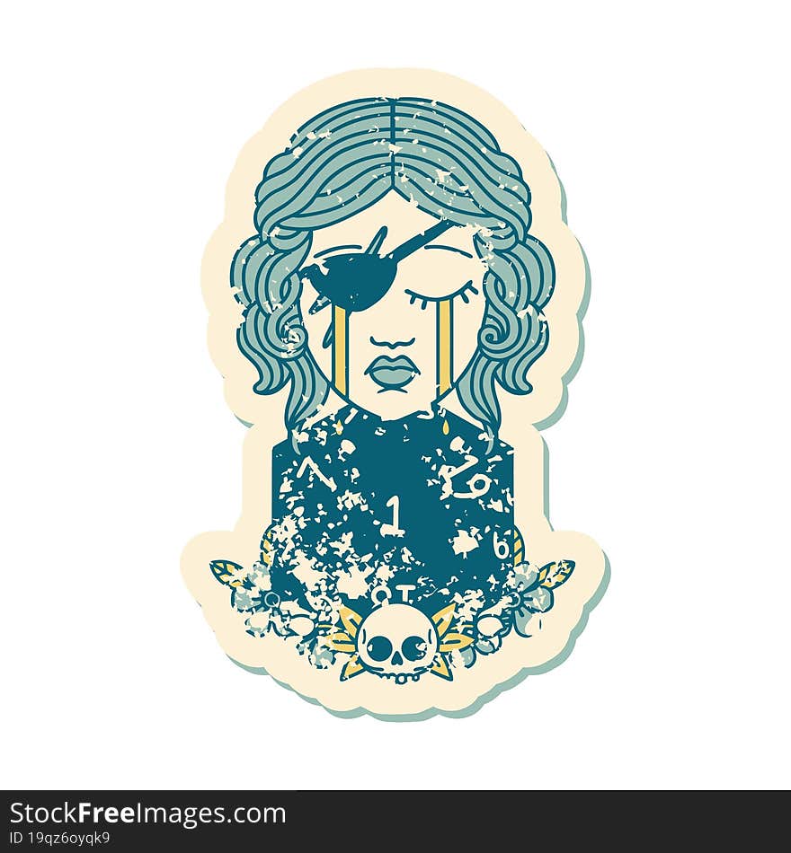 grunge sticker of a crying human rogue with natural one d20 roll. grunge sticker of a crying human rogue with natural one d20 roll