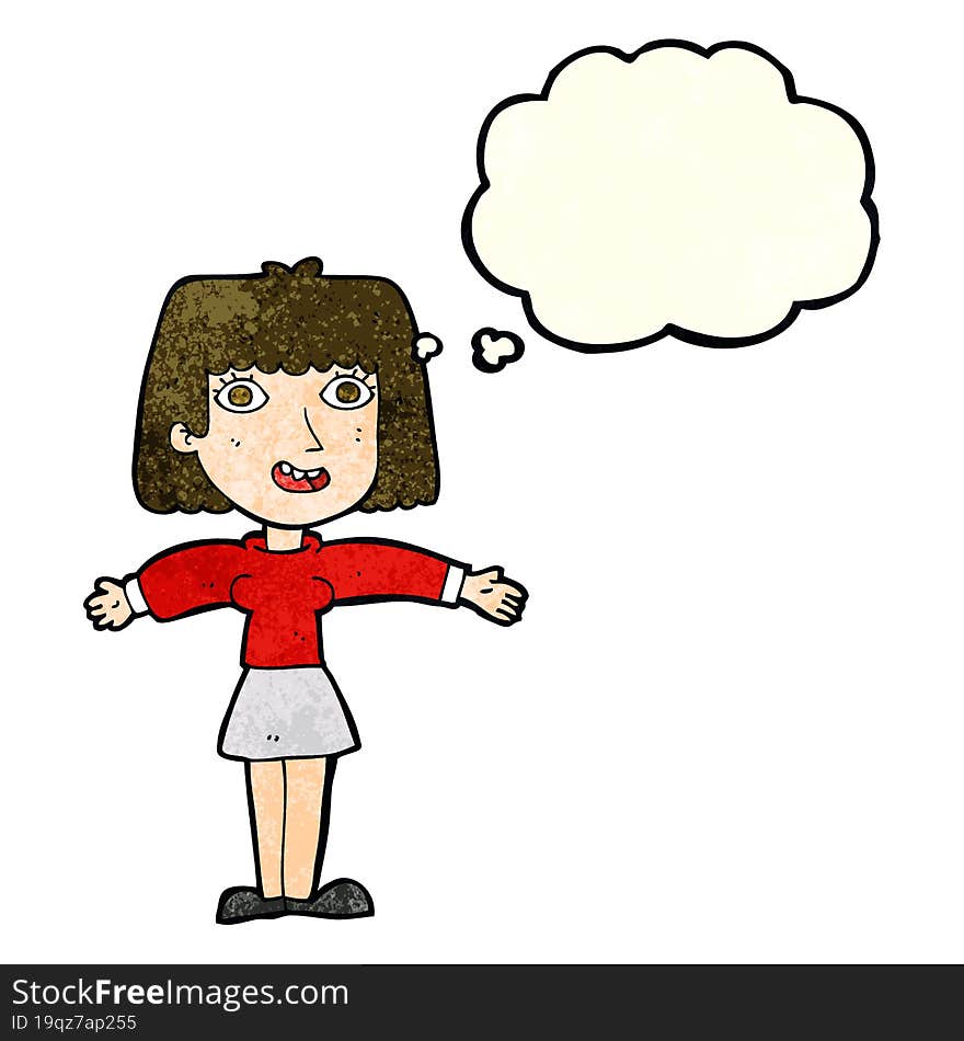 cartoon excited woman with thought bubble