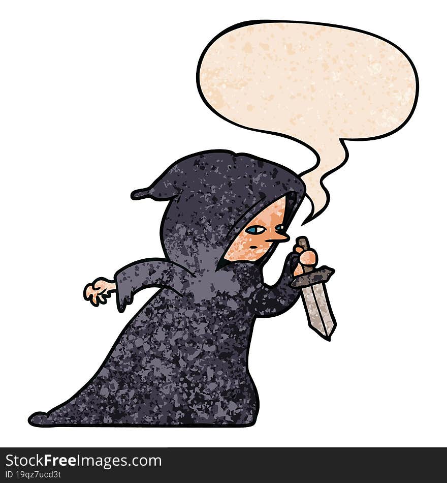 Cartoon Assassin In Dark Robe And Speech Bubble In Retro Texture Style