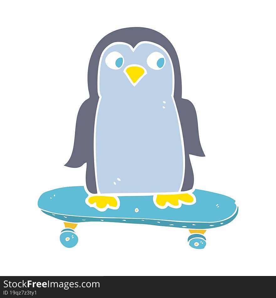 flat color illustration of a cartoon penguin riding skateboard