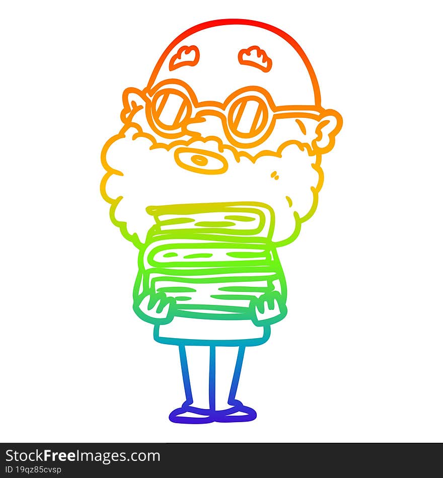 rainbow gradient line drawing cartoon curious man with beard and glasses