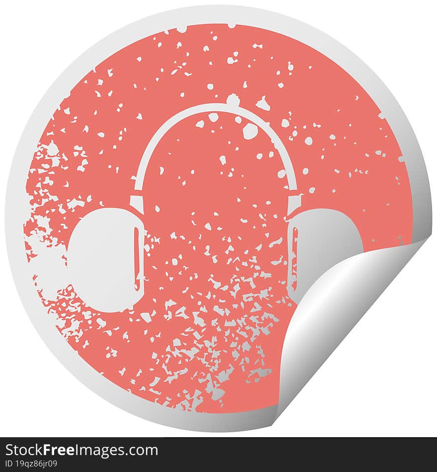 distressed circular peeling sticker symbol of a retro headphone