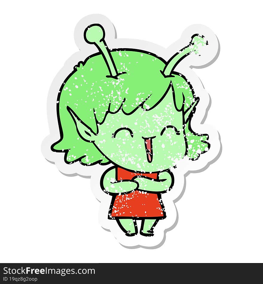 distressed sticker of a cartoon happy alien girl