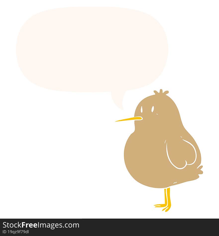 cute cartoon kiwi bird with speech bubble in retro style