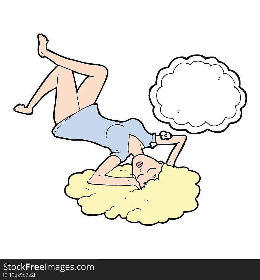 cartoon woman lying on floor with thought bubble