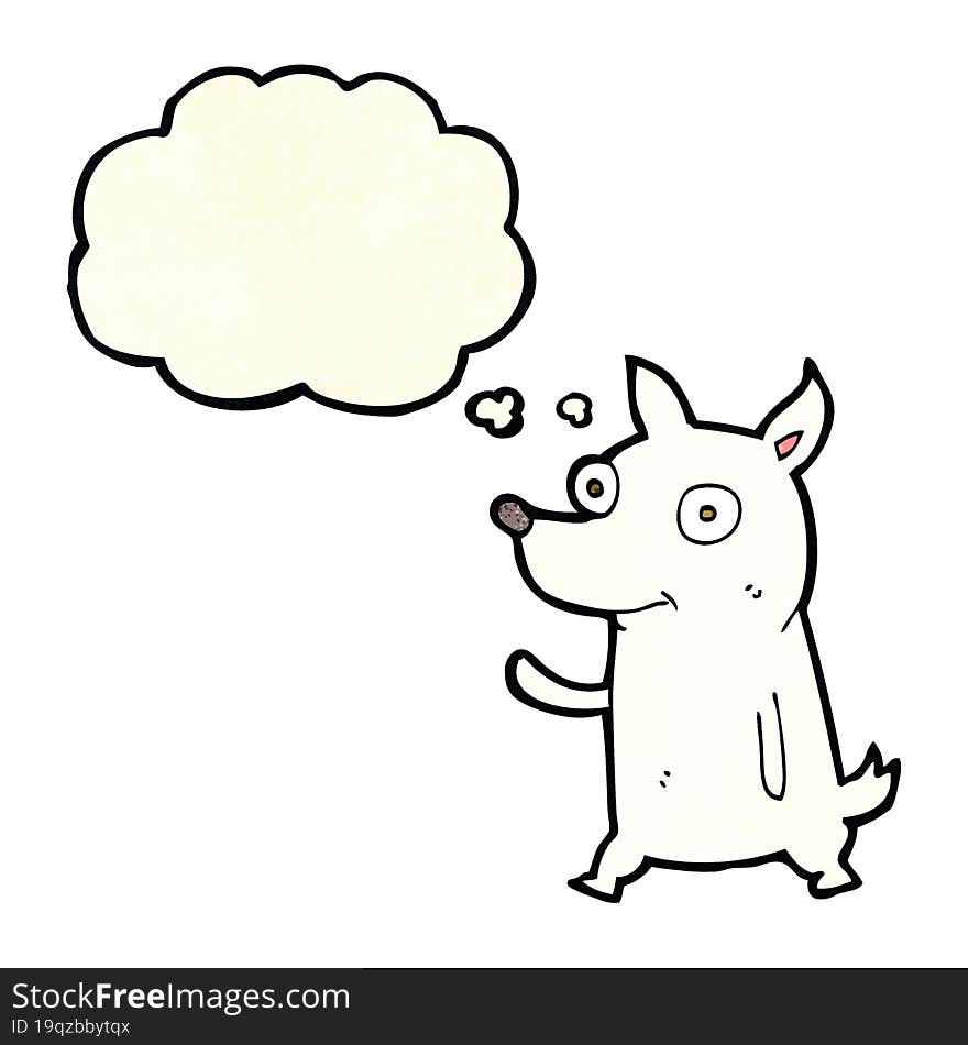 cartoon little dog waving with thought bubble