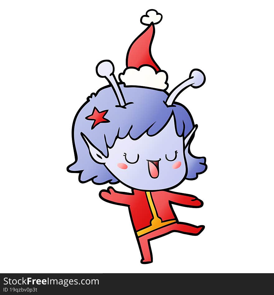 happy alien girl hand drawn gradient cartoon of a wearing santa hat. happy alien girl hand drawn gradient cartoon of a wearing santa hat