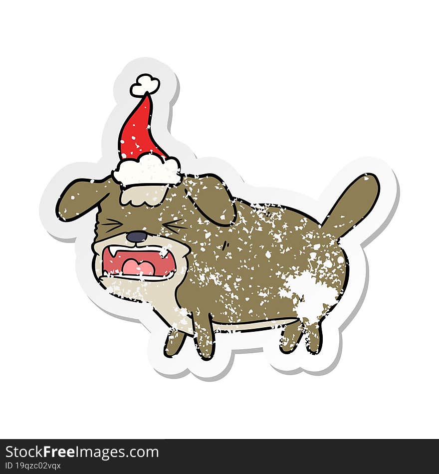 hand drawn distressed sticker cartoon of a dog barking wearing santa hat