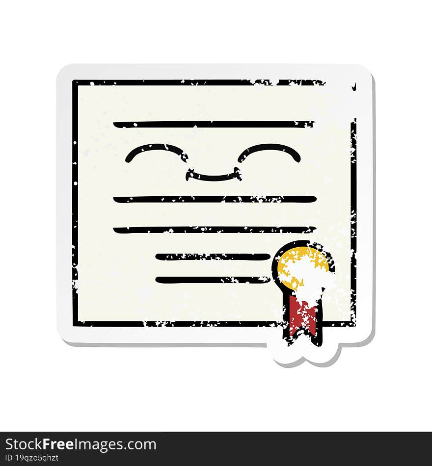 distressed sticker of a cute cartoon graduation diploma