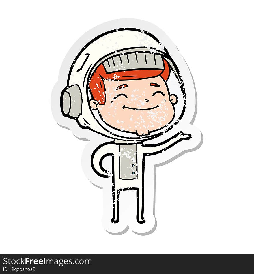 distressed sticker of a happy cartoon astronaut