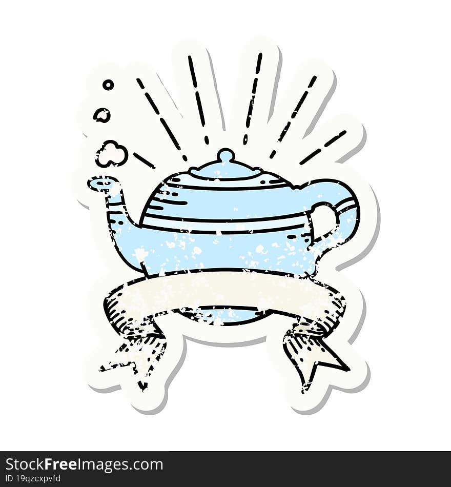 grunge sticker of tattoo style steaming teapot