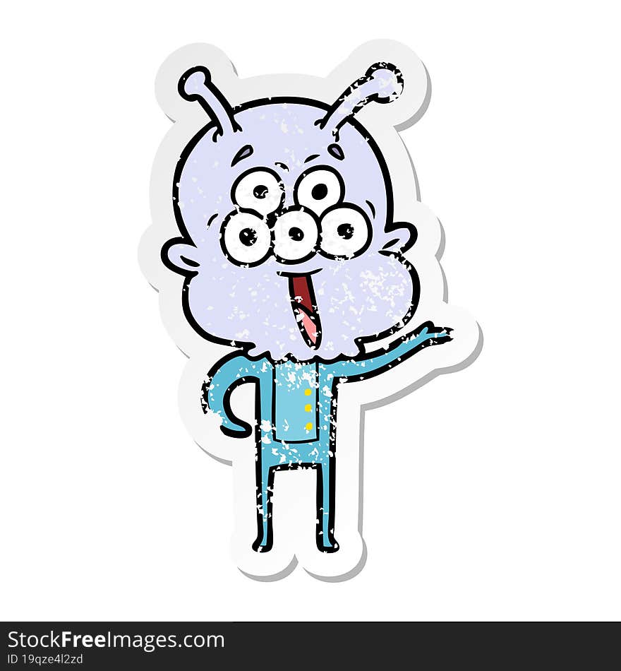 distressed sticker of a happy cartoon alien greeting