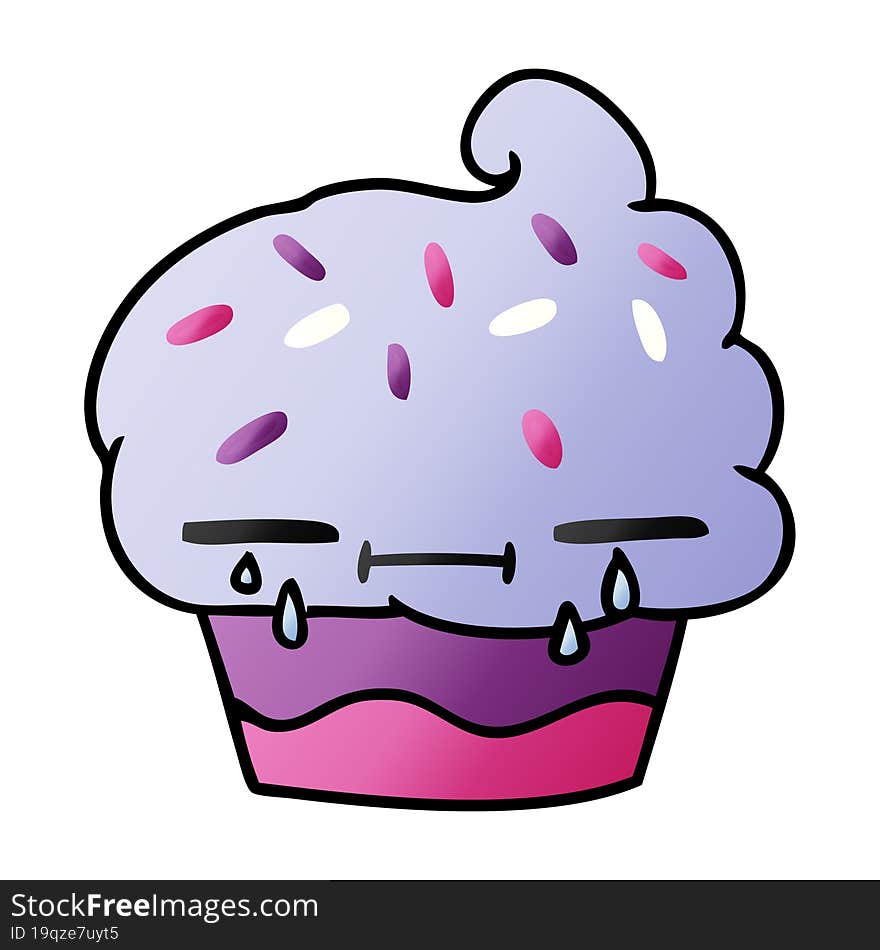 freehand drawn gradient cartoon of a crying cupcake