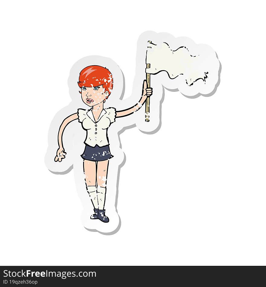 Retro Distressed Sticker Of A Cartoon Woman Waving White Flag