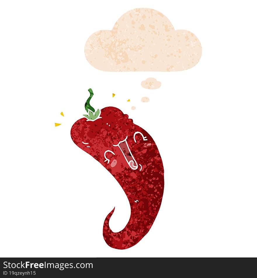 cartoon chili pepper and thought bubble in retro textured style