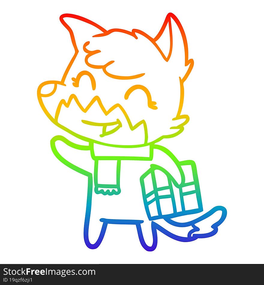 rainbow gradient line drawing of a happy cartoon fox