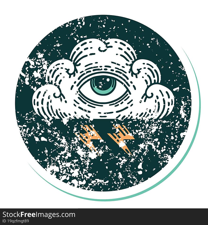 distressed sticker tattoo style icon of an all seeing eye cloud