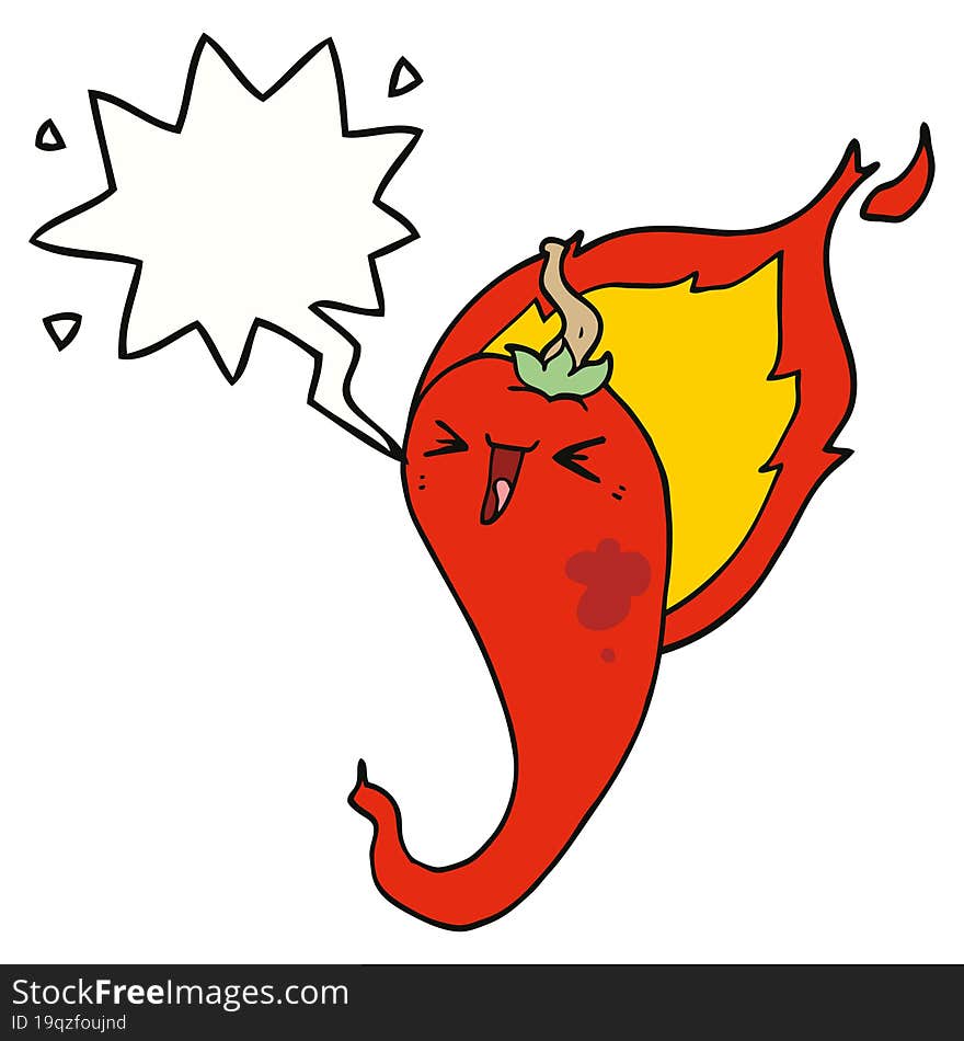 Cartoon Flaming Hot Chili Pepper And Speech Bubble