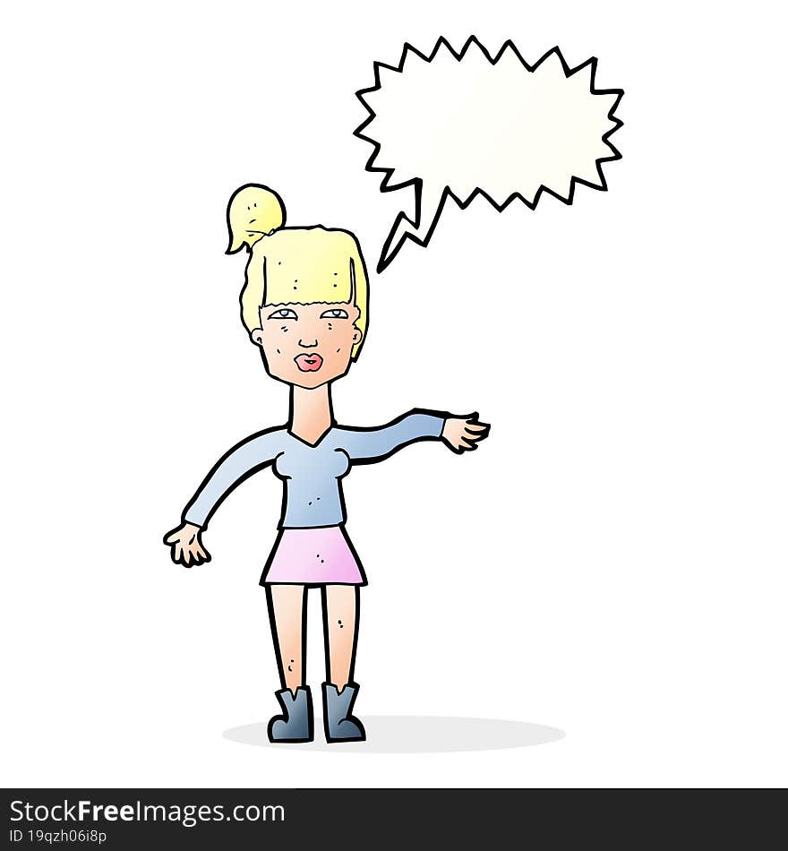 cartoon woman making dismissive gesture with thought bubble