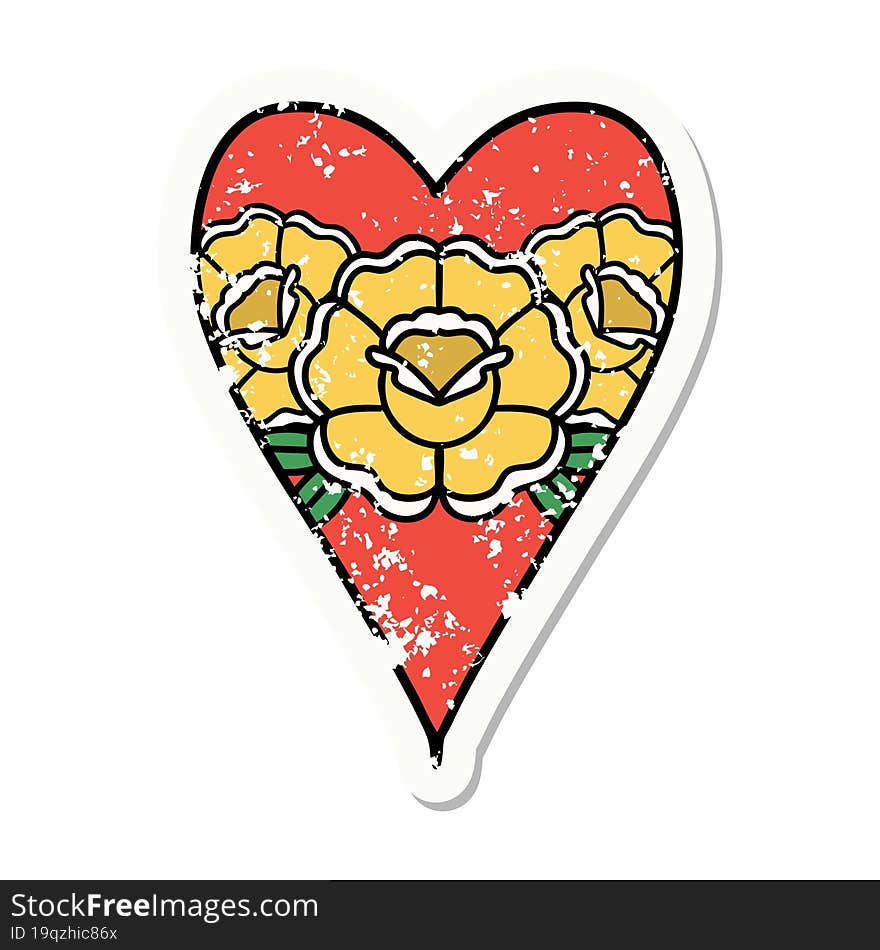 traditional distressed sticker tattoo of a heart and flowers